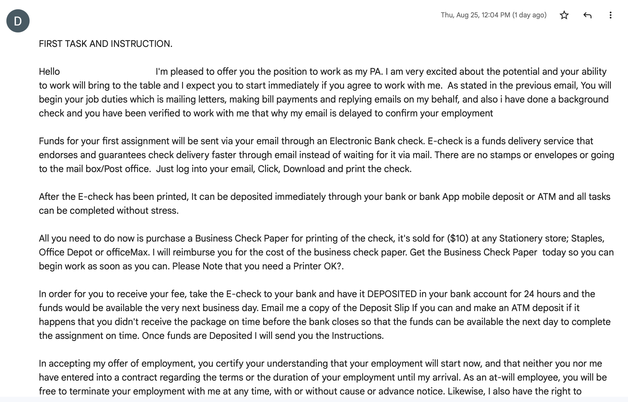 scam email follow up example